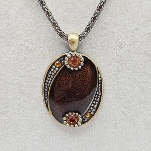 VINTAGE Bronze Tone Enamel and Amber Rhinestone Oval Pendant Necklace